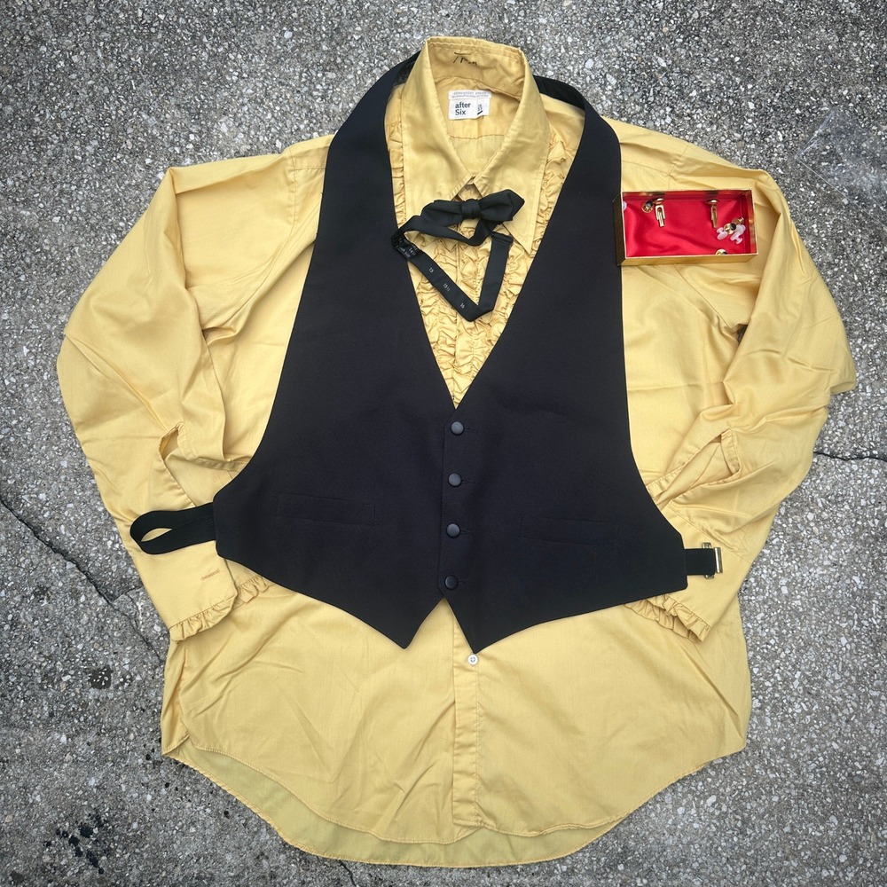 Vtg 70s After Six Ruffle Tuxedo Shirt Set Yellow Vest Bow Tie Studs 16 33